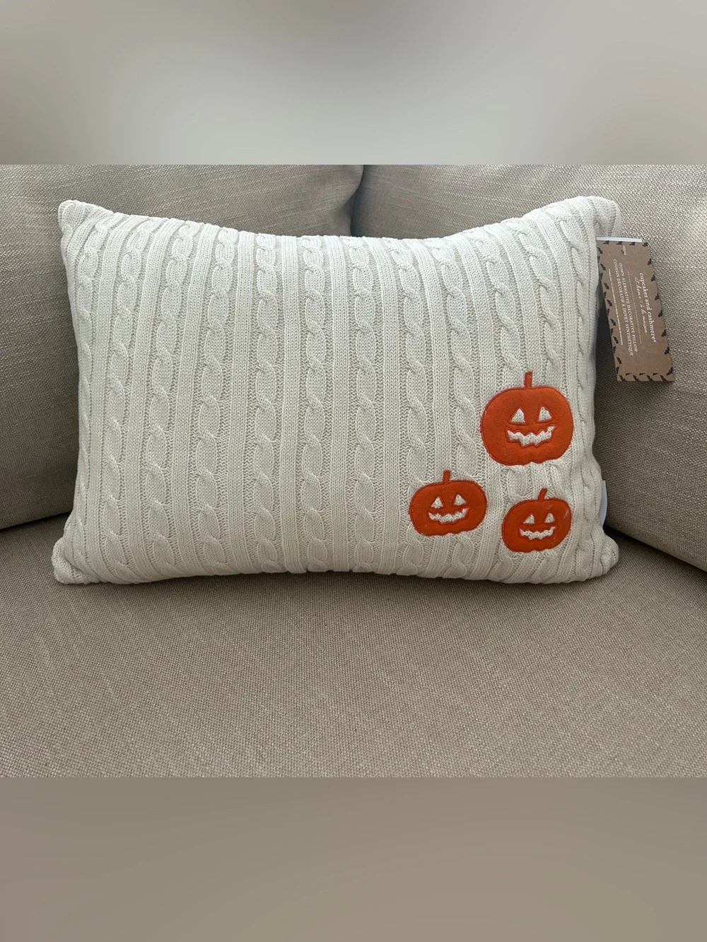 “New” Cupcakes & Cashmere Cream Cable-Knit Pillow with Orange Jack-o'-Lanterns